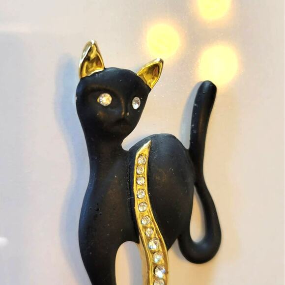 Vintage Cat Brooch Black Enamel Gold Tone Rhinestone Eyes Catcore Black Cat - Picture 2 of 12